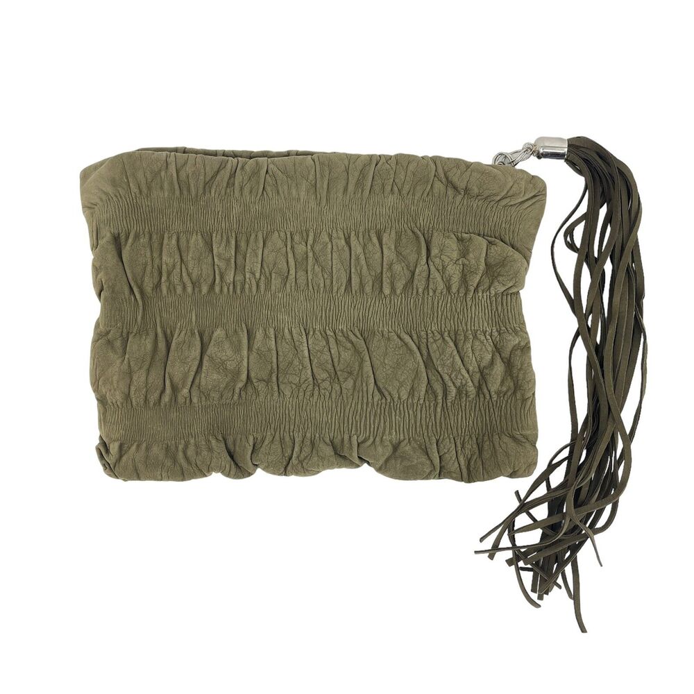 Jenny Bird Clutch Handbag Green Suede Leather Ruched Tassel Zip Pouch